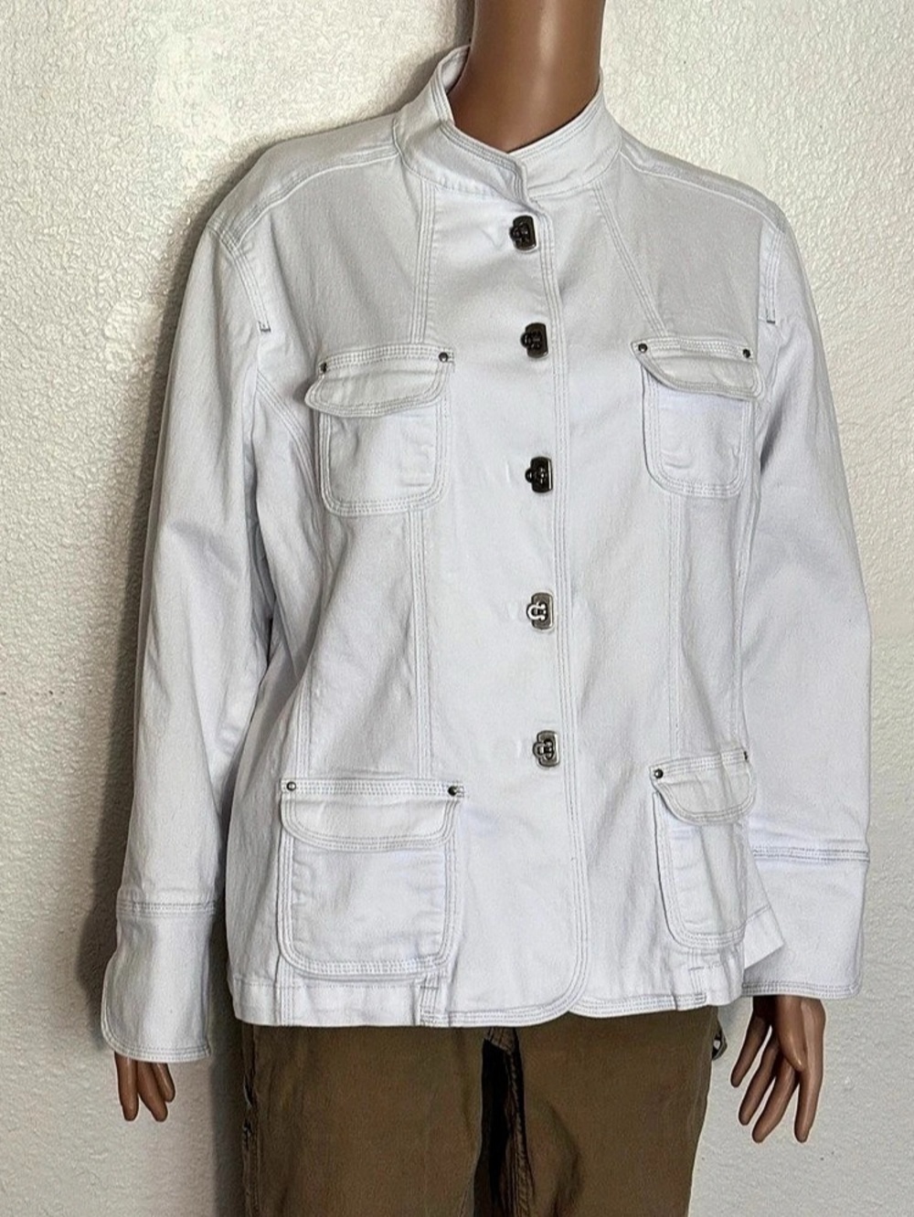 Chico's White Cotton Utility Safari Jacket Metal Toggle Fasteners Sz 3 (XL)